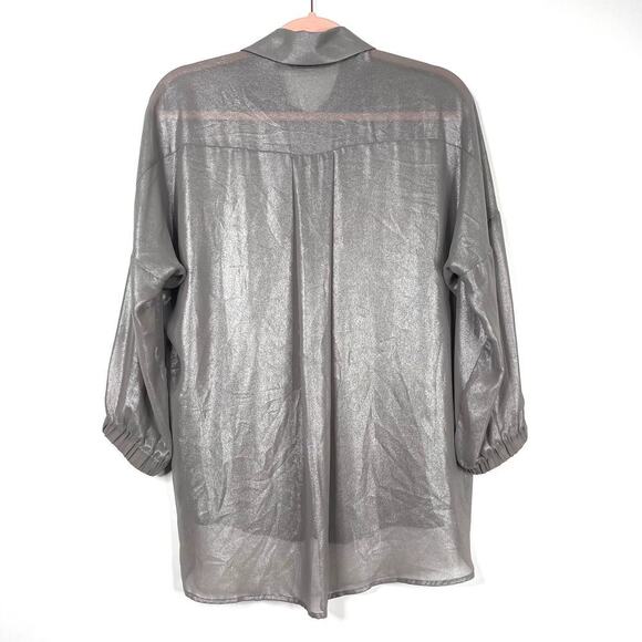 2/$30 ZARA High Low Metallic Button Down Shirt Gray Elastic Blouson Cuff #6212 - Picture 10 of 14